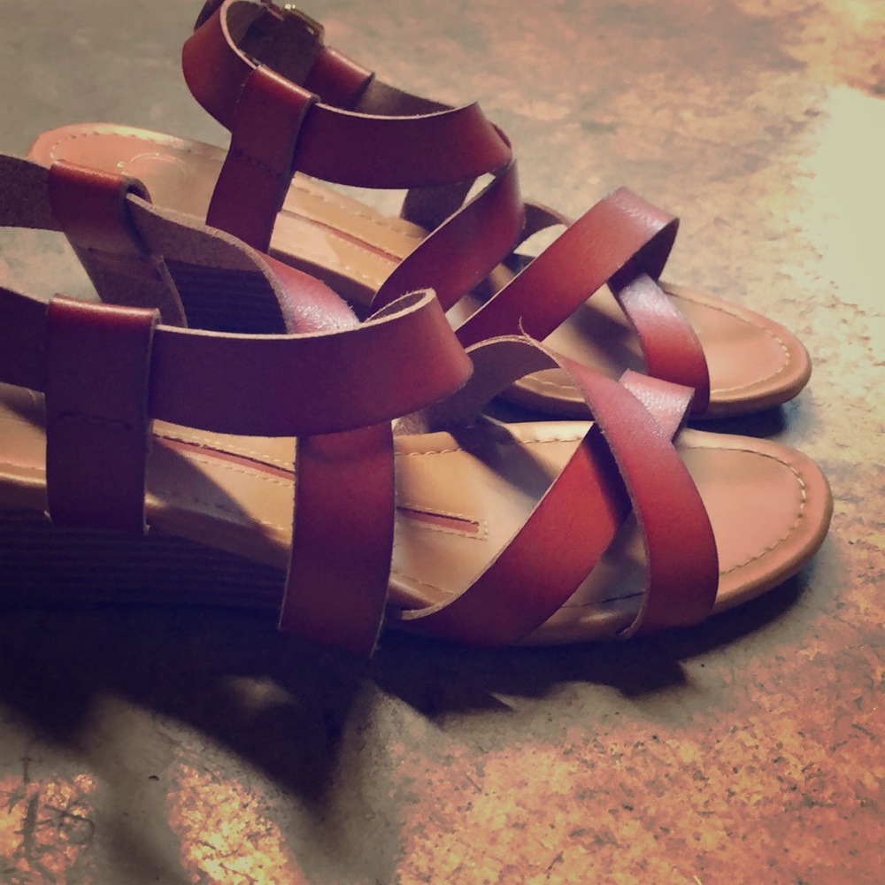 New Directions Strappy Cognac Wedges